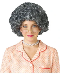 Silberne Oma Afro Perücke