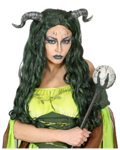 Lange Naturhexen Perücke Mit Hörnern